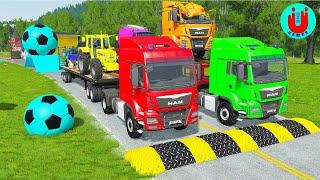 Double Flatbed Trailer Truck vs Speedbumps Train vs Cars  Tractor vs Train Beamng.Drive 032