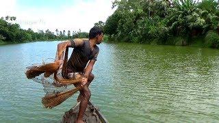 Net Fishing on Boat।Traditional Cast Net Fishing in River।fishing videos part-140
