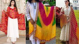 White off white suits with Rajasthani traditional bandhani multi colour combination Dupatta styles