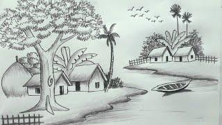 How to make village scenery Village drawing ideasbig village morning scenery drawingeasy drawing