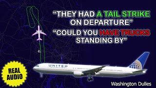 Tail strike on takeoff. United Boeing 767-400 returns to Washington Dulles Airport. Real ATC