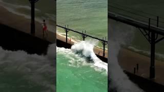 Kids Almost Swept Off Lighthouse Pier Heart Stopping being hit with huge waves drone footage