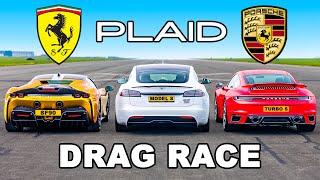 Tesla Model S PLAID v Ferrari SF90 v Porsche 911 Turbo S DRAG RACE