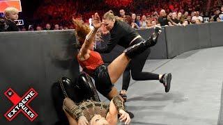 Ronda Rousey leaps from her ringside seat to attack Mickie James WWE Extreme Rules 2018