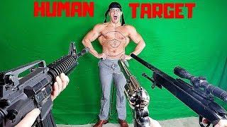 Painful HUMAN TARGET Shooting Competition  Bodybuilder VS Airsoft Guns and Sniper