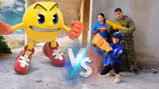 Team m&m Pacman vs Team Super Girl Nerf gun Battle Spiderman  Hulk  Superheroes