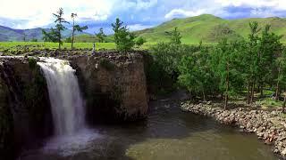 Beautiful Mountain Waterfall Scenery. Orkhon Waterfall in Central Mongolia. Nature ASMR