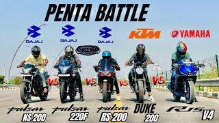 2024 pulsar 220f vs Yamaha R15v4 vs pulsar rs 200 vs pulsar ns 200 vs ktm Duke 200  penta battle 