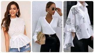 Elegant white top outfit ideas. white  top on jeans shirt and shorts