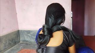 Black & Silky Long Hair Bun Pulling And Shine Long Hair Play  Thick Long Hair Pulling For Husband 