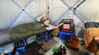 24 Hour Ice Camping In Portable Fishing Shack Underwater Footage
