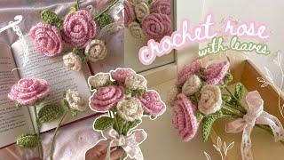 how to crochet a rose 2 sizes with leaves  step-by-step tutorial