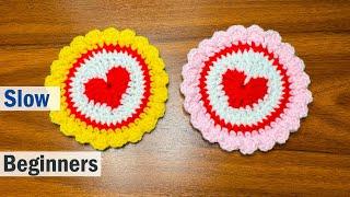 Crochet heart coaster   Easy crochet doily for Valentine Day  How to crochet heart in circle