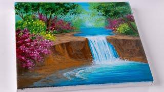 Waterfall Acrylic Painting  Spring Waterfall  Landscape Painting for Beginners