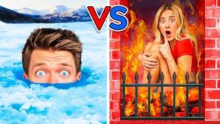 Extreme Hot vs Cold Hide and Seek Challenge Last Girl To Survive Fire & Icy Pool for 24 Hours Wins