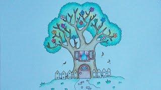 How To Draw Cute Tree House with Door and Window