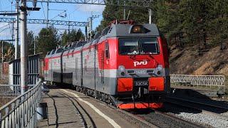 Trains in Siberia in golden autumn. Bolshoy Lug - Podkamennaya stretch. Russia. Irkutsk region.