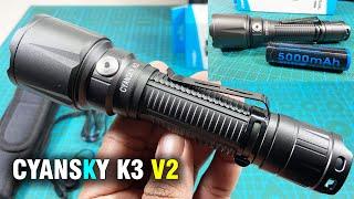 CYANSKY K3 V2 High performance 700M Strong Light Tactical Flashlight unboxing and test