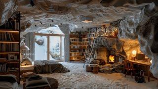 Cosy Cave Forest House Ambience  Melancholic Piano Snowstorm Fire  Calming Sleeping Relaxation