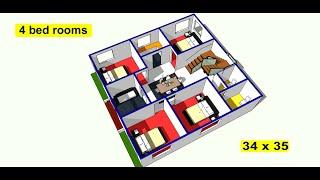 34 x 35 sqft 4 bed room house plan II 4 bhk ghar ka naksha II 34 x 35 home design