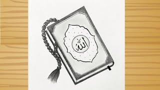 How to draw The Quran with Tasbeeh - pencil sketch  Beautiful Quran Drawing Tutorial