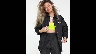 TOPSHOP Set Nylon Coach Jacket Front Graphic Shiny Black Women  Asos