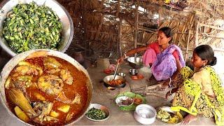 rohu fish curry with vegetables & water spinach fry cooking by our santali tribe womenrural India