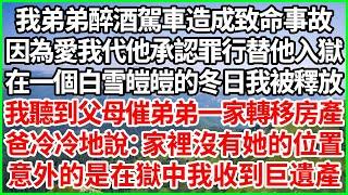 我弟弟醉酒駕車造成致命事故，因為愛我代他承認罪行替他入獄，在一個白雪皚皚的冬日我被釋放，我聽到父母催弟弟一家轉移房產，爸冷冷地說：家裡沒有她的位置！意外的是在獄中我收到巨遺產！#人生哲學 #感人故事