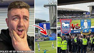 IPSWICH TOWN VS SHEFFIELD WEDNESDAY  2-2  AWAY FANS THROW PYRO POLICE ESCORT & PURE CARNAGE