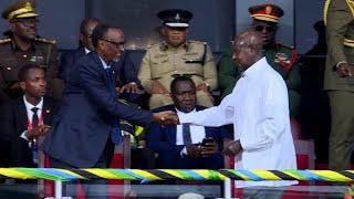 Museveni meets Kagame in Zanzibar welcomed with a smile by East African Presidents #MapinduziDay60