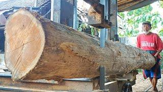 Cutting & sawing dry and good teak wood into blocks