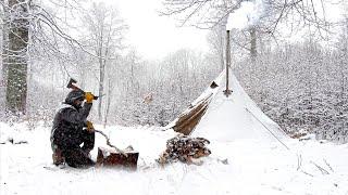 Hot Tent Camp In A Snowstorm  New Camping Tent  Wood Stove