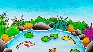 Menggambar pemandangan kolam ikan  Cara mewarnai gradasi ikan hias