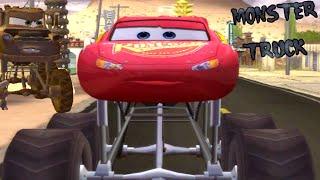 RAYO MCQUEEN Y MATE MONSTER TRUCK - CAMION MONSTRUO - TYRANO GRUA REX - CARS - CARROS GIGANTE