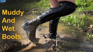 Knee high boots in very deep mud and swamp boots stuck in mud wetlook girl abused boots vol.62