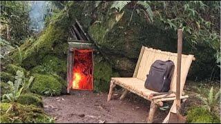 Building Complete a Bushcraft Shelter under big rock cooking Bushcraft Alone  King Of Satyr