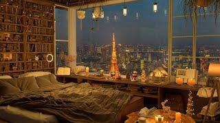 Cozy Bedroom in Tokyo 4K  Rain on Window Sounds For Sleeping  Jazz Music for Relax and Study