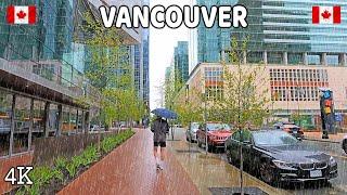  【4K】️️️ Heavy Rain in Downtown Vancouver BC. Travel Canada. Relaxing Walk. June 2024.