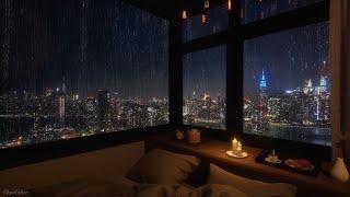 Gemütliches Schlafzimmer mit Nachtansicht von New York bei starkem Regen  Regengeräusche
