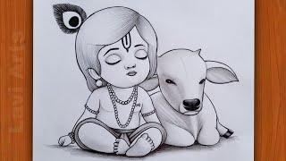 How to draw Krishna with Cow  Krishna drawing  Easy drawing step by step  pencil Sketch