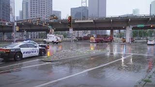 DART services are still delayed after a firetruck falls from a highway onto train tracks