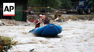 Floodwaters turn roads into rivers in town of Jesenik Czech Republic