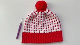 Crochet - Winter Hat With Holiday Colours - Block Stitch Pattern