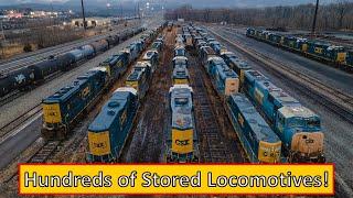 4K Hundreds of stored CSX locomotives in the Cumberland Maryland yard