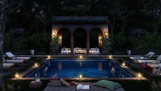 Serene Summer Night Ambience Relaxing Outdoor Pool & Nature Sounds With Wind Chimes For Deep Sleep