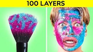 100 LAYERS CHALLENGE  1000 Coats of Glitter Piercing Makeup DARE GAME by 123 GOCHALLENGE