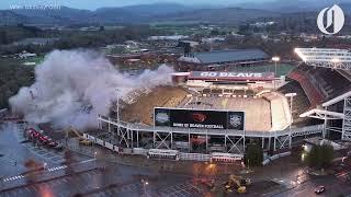 A grandstand implodes at Oregon State Universitys Reser Stadium as part of construction project