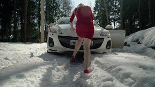 Russian girl car stuck in snow CSG louboutin pedal pumping sexy girl stuck in deep snow # 714