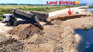 Hard Work Equipments Bulldozer And Many Dump Trucks Recovery & Repair The Land From Sinking