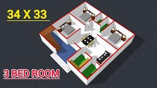 34x33 मे 3 बैडरूम का best house plan  3 bhk house plan  low budget house plan  34x33 house map